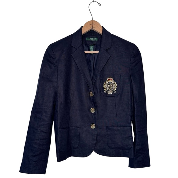 Ralph Lauren Jackets & Blazers - Ralph Lauren Navy Blue Embroidered Crown Crest Linen Blazer Size 4